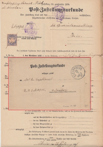 Bayern - Stein a/Rednitz 1897 Zustellurkunde n. Nürnberg - innen 20 Pfg. Wappen