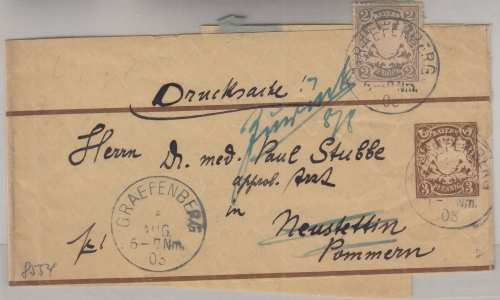 Bayern - 3 Pfg. Wappen Ganzsache+Zusatz Streifband Graefenberg - Neustettin 1903