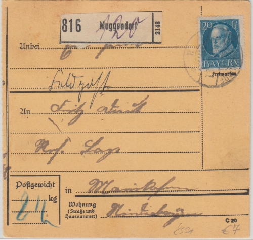 Bayern - 20 Pfg. Ludwig Soldatenpaketkarte Muggendorf - Mainkofen 1917
