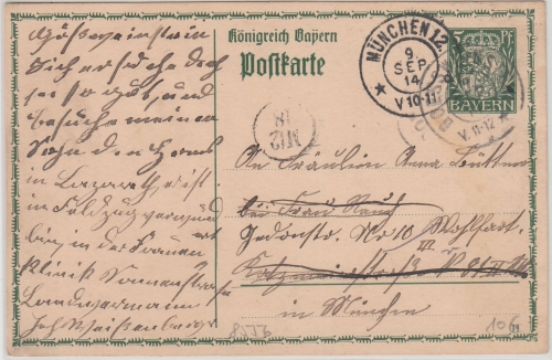 Bayern - Goessweinstein 1914 K2 Ganzsache n. München/Nachsendung