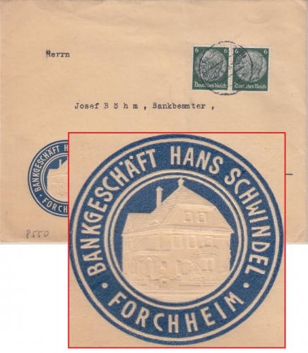 DR - Forchheim 1939 Bankgeschäft Schwindel (!) Firmenkuvert n. Frauenau