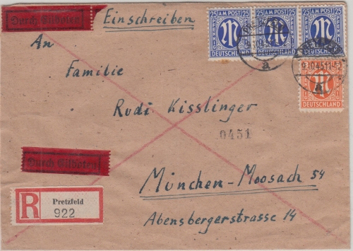 AM-Post - 3x25+8 Pfg. amerik. Druck Eilboten-Einschreibebrief Pretzfeld 9.10.45