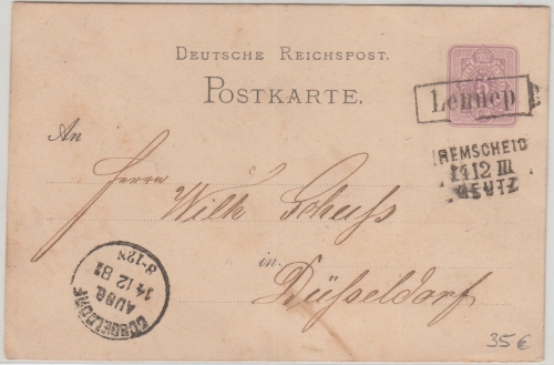 DR - Remscheid Deutz Banhpost-L3 + Stations-Ra1 Lennep 5 Pfg. Ganzsache 1881