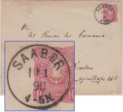 DR - Saabor 1.1.90 10 Pfg. Ganzsache "Neujahrs"-Brief n. Breslau