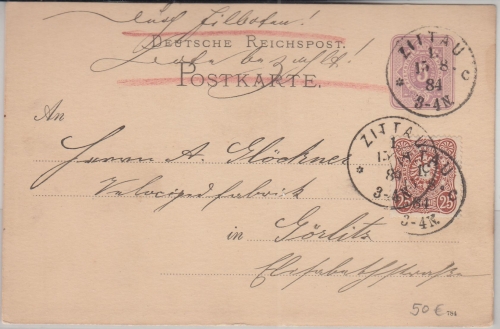 DR - 5 Pfg. Ganzsache+Zusatz Eilkarte Zittau - Görlitz 1884