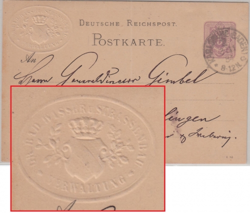 DR - 5 Pfg. Ganzsache Karlsruhe - Ettlingen 1884 geprägter Absender !
