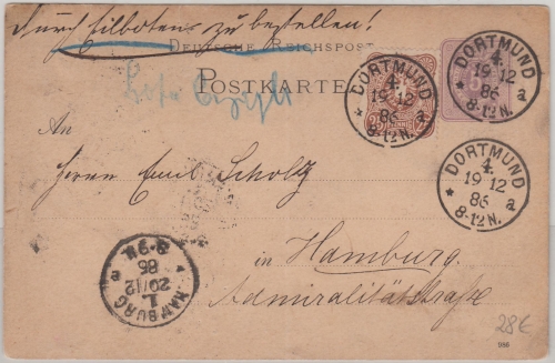 DR - 5 Pfg. Ganzsache-Zusatz Eilkarte Dortmund 4 - Hamburg 1886