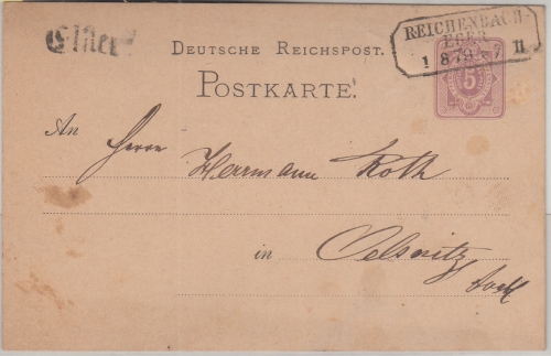 DR - Reichenbach Eger Bahnpost-Ra3 + Stations-L1 Elster 5 Pfg. Ganzsache 1879