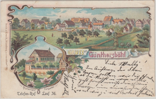 Bayern - Günthersbühl Restaurant Fürsattel etc. farb Mehrbildlitho gelaufen 1901
