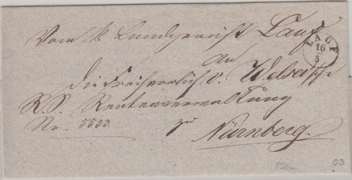 Bayern - Lauf 16/5 Fingerhut-K1 Dienstbriefbrief n. Nürnberg 1849