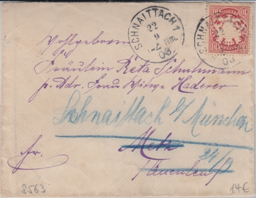 Bayern - 10 Pfg. Wappen Brief Schnaittach - Metz 1903 Retourvermerk