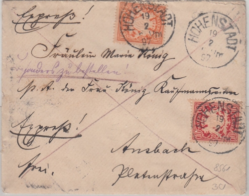 Bayern - 10+25 Pfg. Wappen Eilbrief Hohenstadt - Ansbach 1897