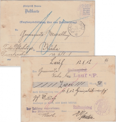 Bayern - Lauf a/P. 1912 Empfangsbestätigung f. Postanweisung n Kucha Nachporto