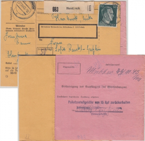 DR - 50 Pfg. AH Paketkarte Hersbruck - Regensburg 1943 + Notpaketkarte