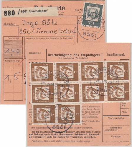 BRD - 70+10x7 Pfg. Bed. Deutsche Wertpaketkarte Simmelsdorf - Glauchau 1965