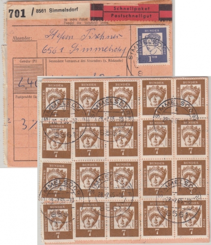 BRD - 1 M.+20x7 Pfg. Bed. Deutsche Wert-Schnellpaketkarte Simmelsdorf 1965