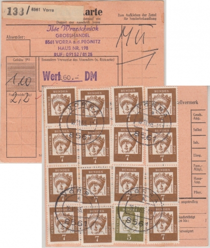 BRD - 5+15x7 Pfg. Bed. Deutsche Wertpaketkarte Vorra - Kirchenlamitz 1965