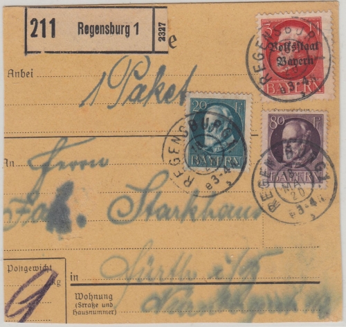 Bayern - 3 M. Ludwig/Volksstaat u.a. Paketkarte Regensburg - Fürth 18. MAI 20