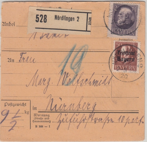 Bayern - 2 M. Ludwig u.a. Paketkarte Nördlingen 2 - Nürnberg 1920