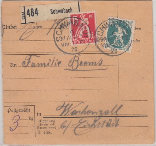 Bayern - 60+15 Pfg. Abschied Paketkarte Schwabach - Wachenzell 6. APR 20