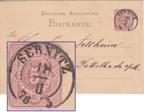 DR - Sebnitz 18. II 76 nachv. sächs. K2 5 Pfg. Ganzsache n. Dettelbach