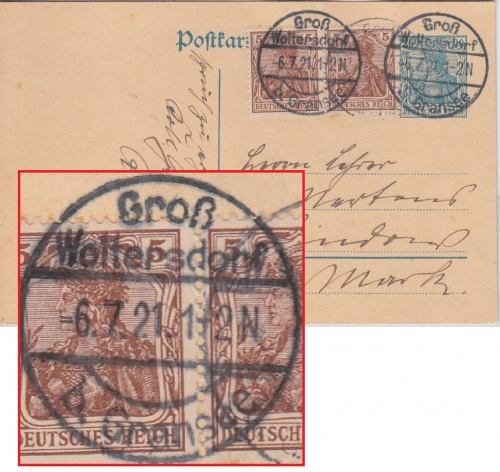 DR - Groß Woltersdorf b. Gransee 1921 Ganzsache+Zusatz n. Lindow