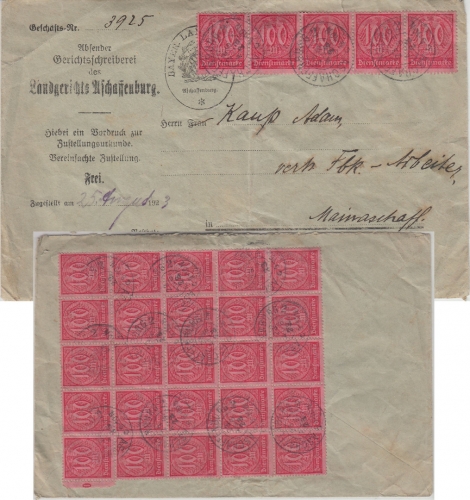 DR-Infla - 30x100 M. Ziffer Zustellurkunde Aschaffenburg - Mainaschaff 1923