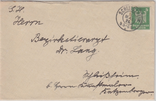 DR - 5 Pfg. Adler Ortsbrief K2 Schleissheim 11. Mai 26