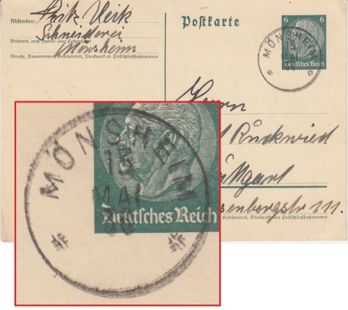 DR - Mönsheim 13. MAI 36 K1 Ganzsache n. Stuttgart