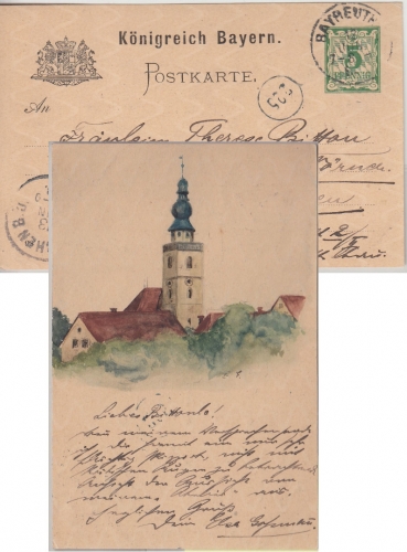 Bayern - Bayreuth Ordenskirche farb. Aquarell 5 Pfg. Ganzsache 1898