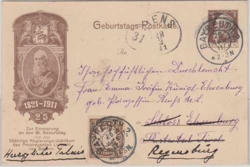 Bayern - 3 Pfg. Luitpold Privatganzsache+Zusatz n ÖSTERREICH Bayreuth Kiens 1911