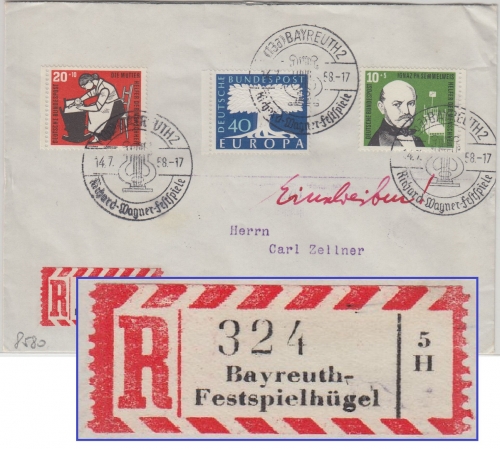 BRD - Bayreuth Festspielhügel Einschreibebrief SST R. Wagner Festspiele 1958