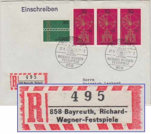 BRD - Bayreuth Richard Wagner festspiele Einschreibebrief Sonder-R-Zettel 1971