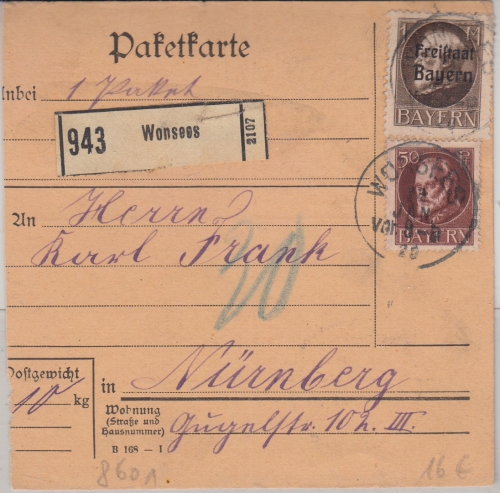 Bayern - 1 M. Ludwig/Freistaat u.a. Paketkarte Wonsees - Nürnberg 1920