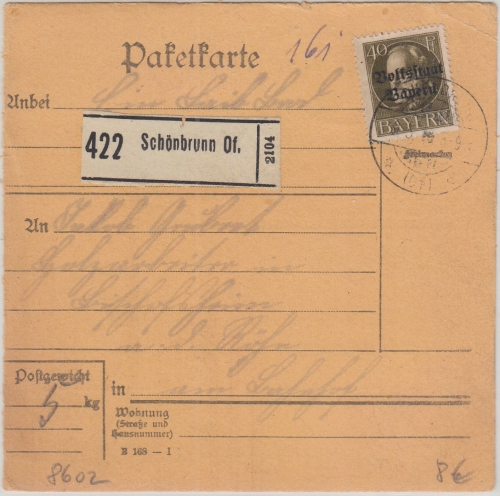 Bayern - 40 Pfg. Ludwig/Volksstaat Paketkarte Schönbrunn - Bischofsheim 1919