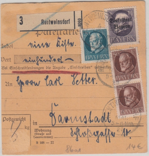 Bayern - 2 M. Ludwig/Volksstaat u.a. Wertpaketkarte Rentweinsdorf 4. MAI 20