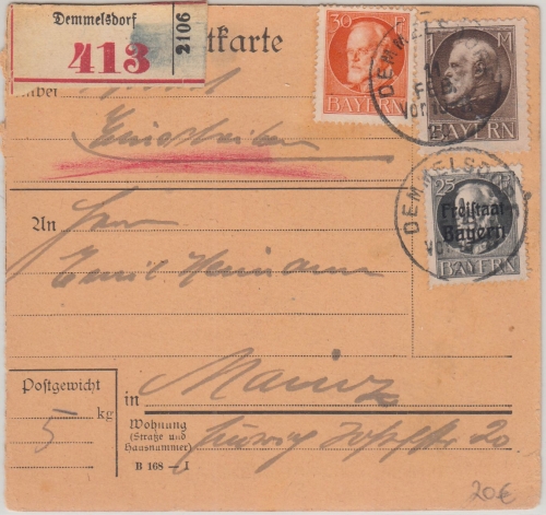 Bayern - 1 M. Ludwig u.a. Einschreibe-Paketkarte Demmelsdorf - Mainz 1920