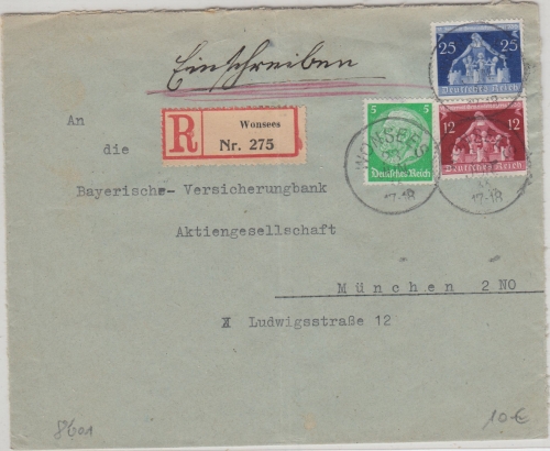 DR - Wonses 28. JUN 36 bayer. K1 Einschreibebrief n. München