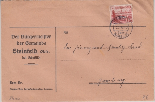 DR - Steinefeld ü. Bamberg Poststelle I Brief n. Bamberg 1938