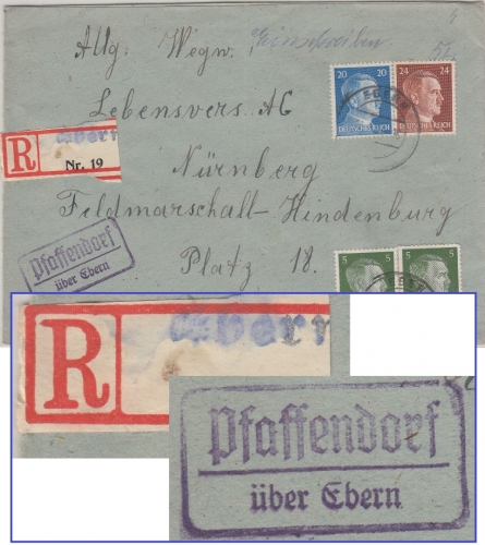 DR - Pfaffendorf ü. Ebern Landpost-Ra2 Einschreibebrief n. Nürnberg 1944