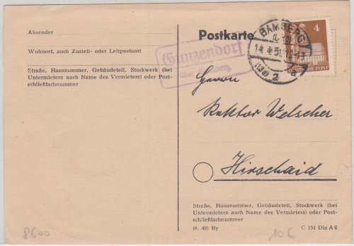 Bizone - Gunzendorf ü. Bamberg Landpost-Ra2 Drucksachenkarte n. Hirschaid 1951