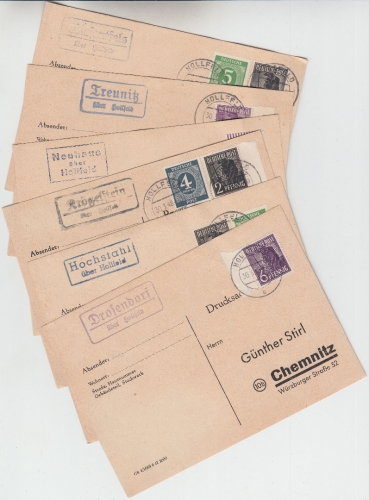 All.Bes./Kontrollrat - Hollfeld 6 versch. Landpoststellen Drucksachenkarten 1948
