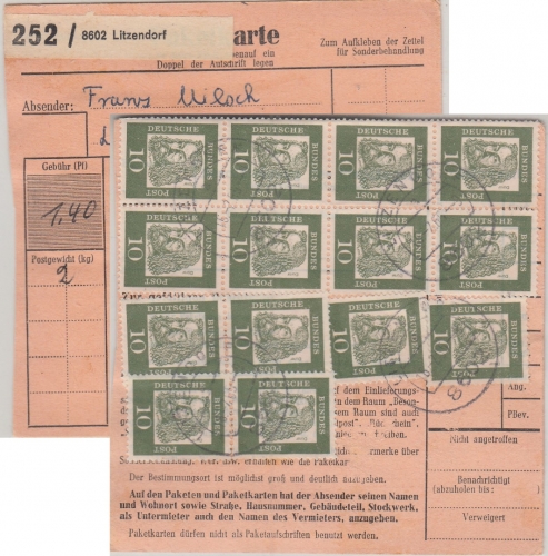 BRD - 14x10 Pfg. Bed. Deutsche Paketkarte Litzendorf - Esslingen 1965