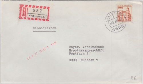 BRD - 190 Pfg. B&S Einschreibebrief Hallstadt - München 1977