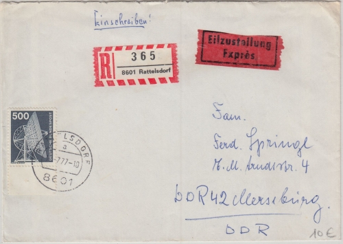 BRD - 500 Pfg. I&T Eilboten-Einschreibebrief Rattelsdorf - Merseburg 1977