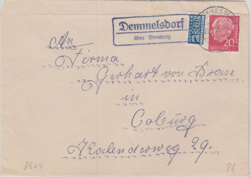 BRD - Demmelsdorf ü. Bamberg Landpost-Ra2 Brief n. Coburg 1955