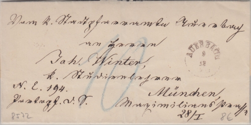 Bayern - Auerbach 9/12 K1 Portopfl. Dienstbrief n. München ca. 1876 - Nachporto