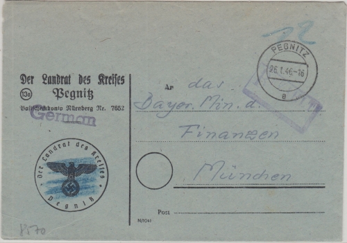 All.Bes. - Pegnitz 26.1.46 Bezahlt Ra1 (ohne "am") Brief n. München
