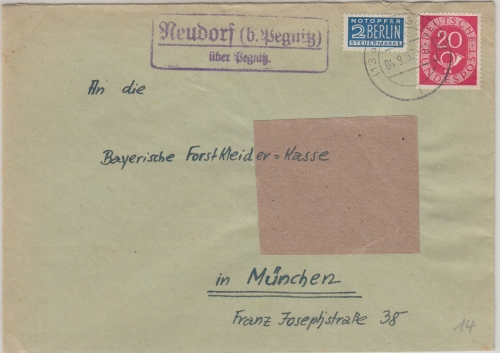 BRD - Neudorf (b.Pegnitz) ü. Pegnitz Landpost-Ra2 Brief n. München 1952