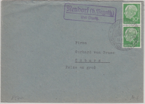BRD - Neudorf (b.Pegnitz) ü. Pegnitz Landpost-Ra2 Brief n. München 1956